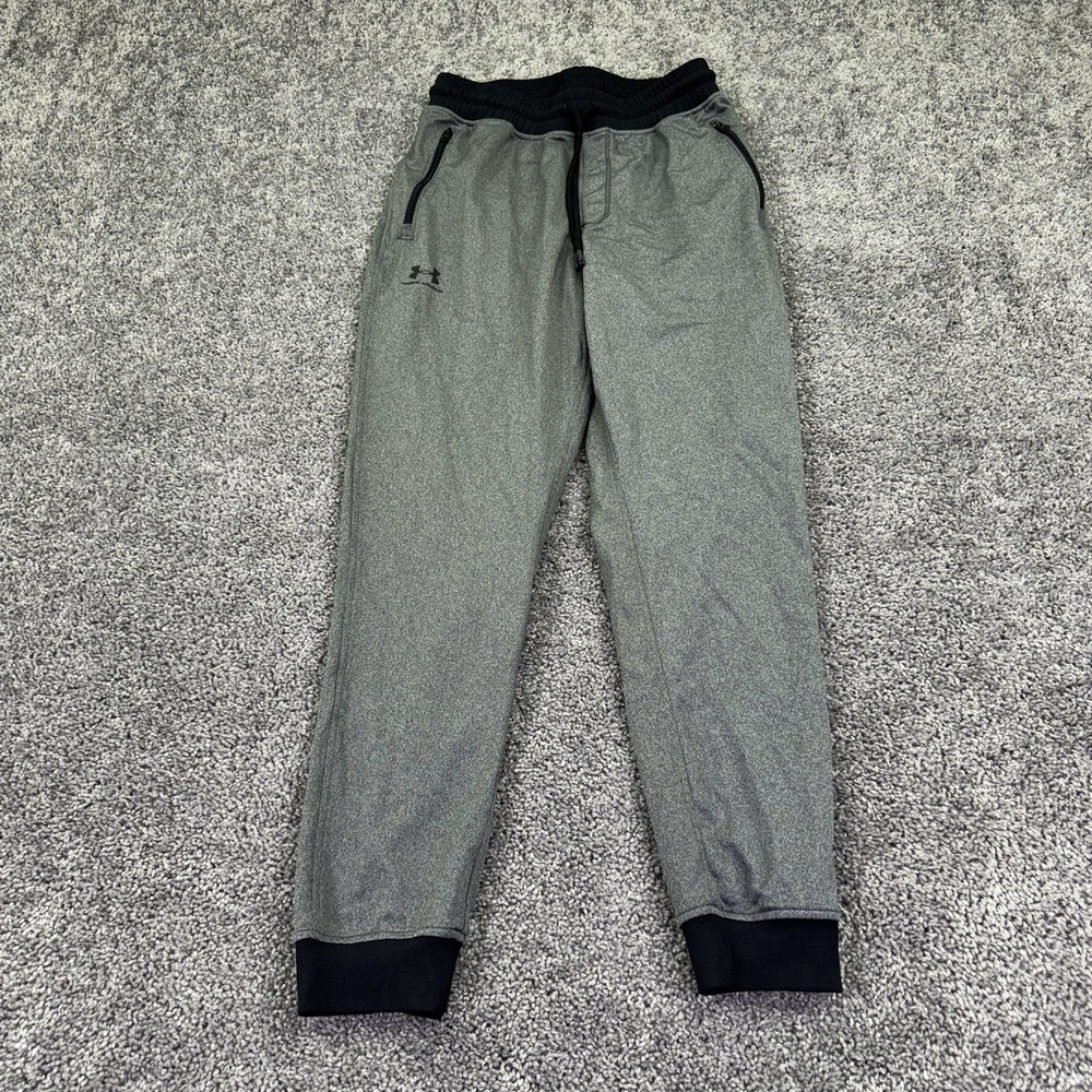 Under Armour Jogger Pants Mens Medium Gray Fleece Elastic Waist Zip Pockets Logo